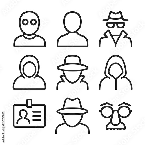 Hidden Identities Icons. Outline icon set of hidden identities: masked person, silhouette, secret agent, anonymous profile, hidden