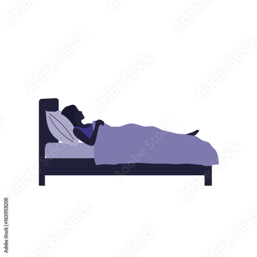 A person sleeping in a bed with purple blanket and pillow isolated on white background, representing rest, comfort, and relaxation at home