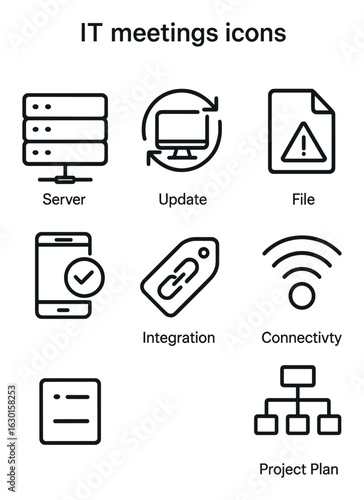IT Meeting Icons. Outline icon set of IT meetings: server icon, system update, bug tracker, incident file, app