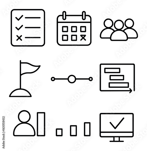 Project Management Icons. Outline icon set of project management basics: task list, deadline calendar, team
