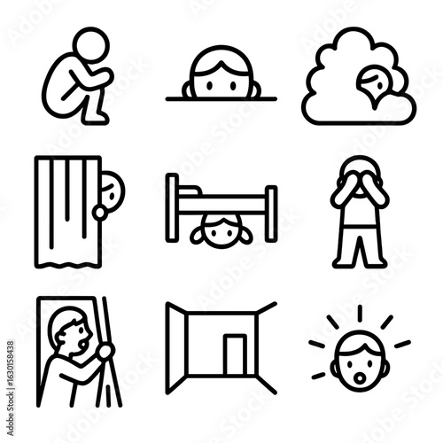 Hide and Seek Icons. Outline icon set of hide and seek: hiding child, peeking head, bush shelter, behind curtain, under bed,