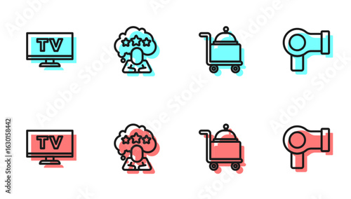 Set line Covered with tray, Smart Tv, Five stars rating review and Hair dryer icon. Vector