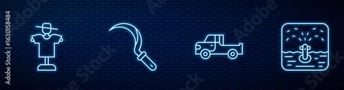 Set line Pickup truck, Scarecrow, Sickle and Automatic irrigation sprinklers. Glowing neon icon on brick wall. Vector