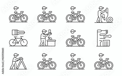 Collection of bicycle related icons and silhouettes isolated on white background
