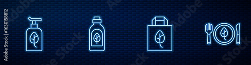 Set line Shopping bag with recycle, Organic cosmetic, Essential oil bottle and Vegan food diet. Glowing neon icon on brick wall. Vector