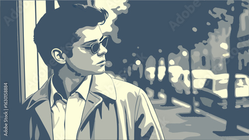 Stylish Man in a Trench Coat Cityscape Background.