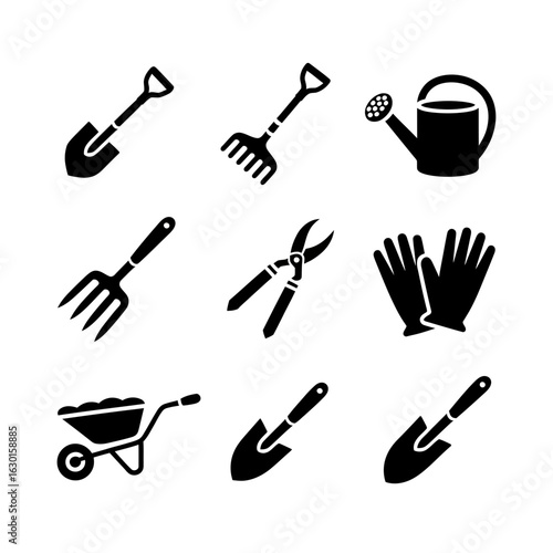 Collection of garden tools silhouette icons isolated on white background