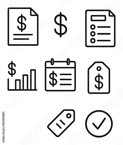Budget Line Icons. Outline icon set of budgeting and cost: budget sheet, dollar icon, expense log, invoice