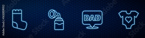 Set line Speech bubble dad, Baby socks, Breast pump and clothes. Glowing neon icon on brick wall. Vector