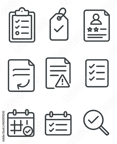 Internal Audit Icons. Outline icon set of internal audit: audit checklist, compliance tag, issue report,