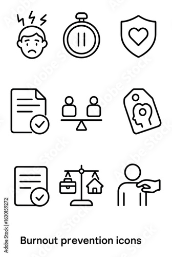 Burnout Prevention Icons. Outline icon set of burnout prevention: stress icon, break timer, wellness badge,