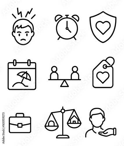 Burnout Prevention Icons. Outline icon set of burnout prevention: stress icon, break timer, wellness badge,