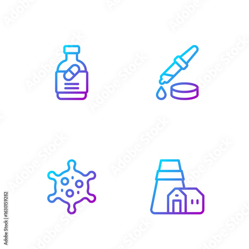 Set line Power station plant, Virus, Medicine bottle and pills and Pipette. Gradient color icons. Vector