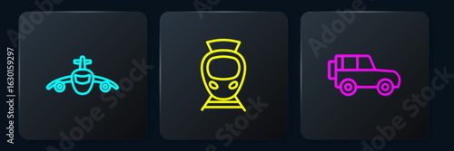 Set line Plane, Off road car and Tram and railway. Black square button. Vector