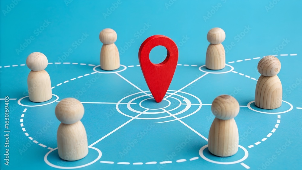 Obraz premium Centralized Network – Circle of Wooden Figurines Linked to Location Pin Hub, Business, Conceptual, Strategy, Motivation, Abstract, Blue Background