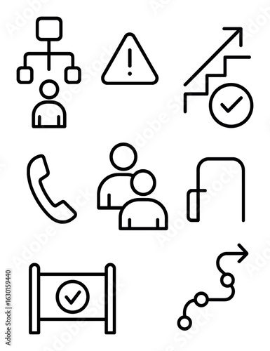 Escalation Matrix Icons. Outline icon set of escalation matrix: support level, issue severity, escalation path