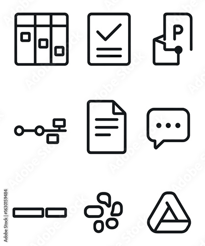 Project Tools Icons. Outline icon set of project tools: Jira board, Trello card, Asana task, MS Project,