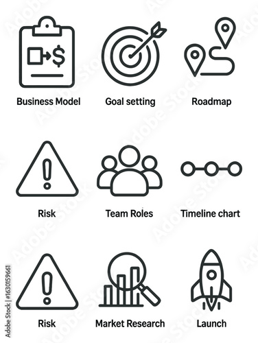 Startup Planning Icons. Outline icon set of startup planning: business model, goal setting, roadmap, timeline