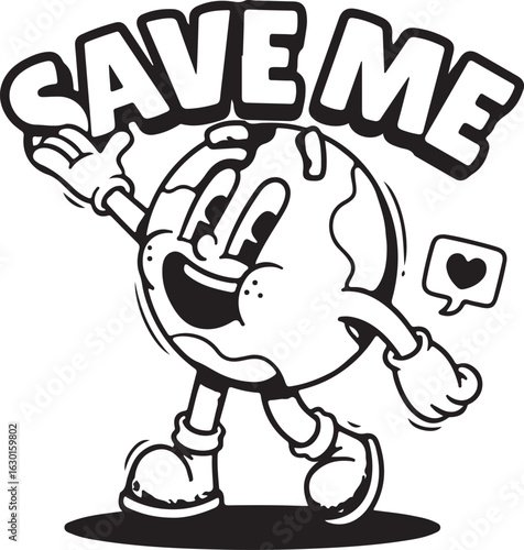 Save the Planet Mascot Doodle – Earth, Save Me, Cartoon, Planet Character, Climate, Environment, Cute Mascot, Call for Action, Eco-Friendly, Hand-Drawn, Green Message, Icon, Awareness, Earth Day