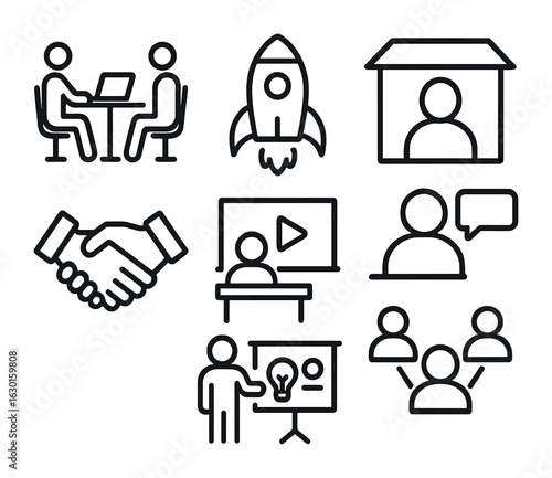 Startup Icons Set. Outline icon set of startup ecosystem: co-working icon, accelerator rocket, incubator icon,