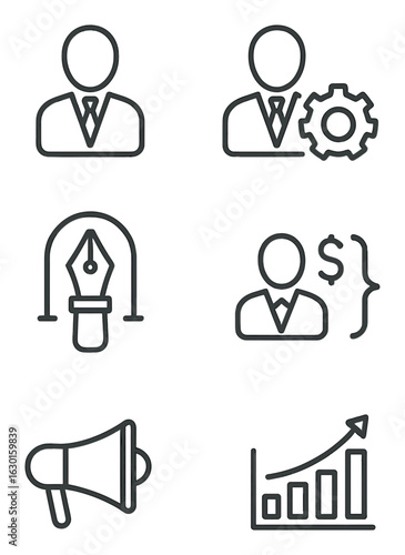 Startup Team Role Icons. Outline icon set of startup team roles: CEO icon, CTO gear, designer pen, developer