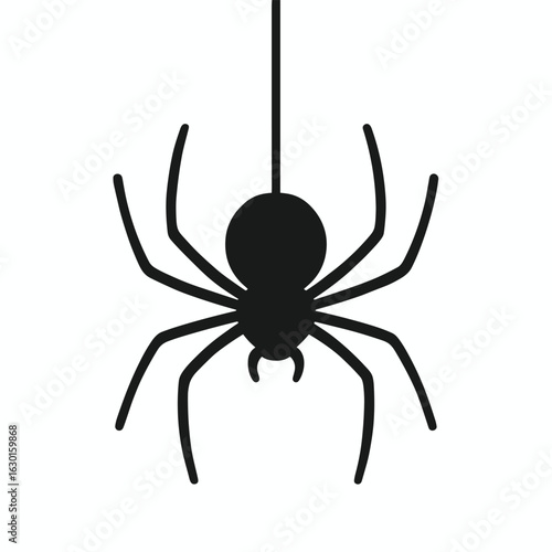 Silhouette spider hanging from a string against white background, Halloween decoration, black spider 