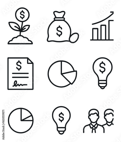 Funding Stages Icons. Outline icon set of funding stages: pre-seed, seed round, series A, series B, term sheet