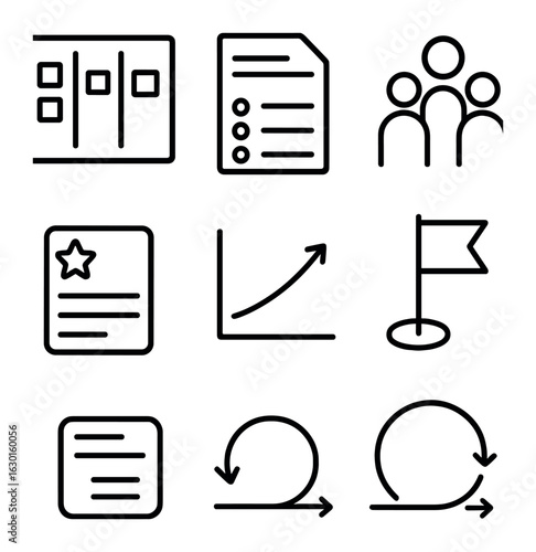 Agile Methodology Icons. Outline icon set of agile methodology: sprint board, kanban icon, backlog, daily