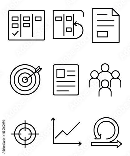 Agile Methodology Icons. Outline icon set of agile methodology: sprint board, kanban icon, backlog, daily