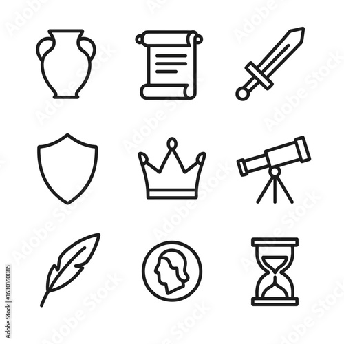 Historical Artifact Icons. Outline icon set of historical artifacts: ancient vase, scroll, sword, shield, crown, telescope, quill,