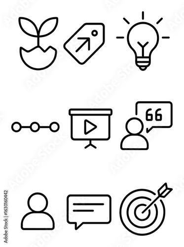 Startup Story Icons. Outline icon set of startup story: origin icon, challenge tag, breakthrough moment,