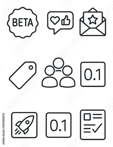 Early Adopter Icons. Outline icon set of early adopter phase: beta badge, early feedback, test group,