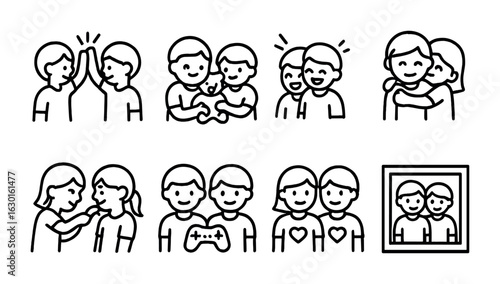 Sibling Love Icons. Outline icon set of sibling love: high five, shared toys, laughter icon, sibling hug,
