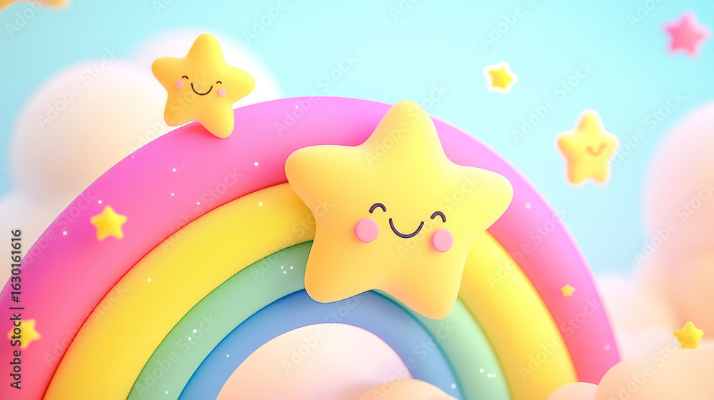 Obraz premium Whimsical cartoon rainbow and smiling stars, colorful background