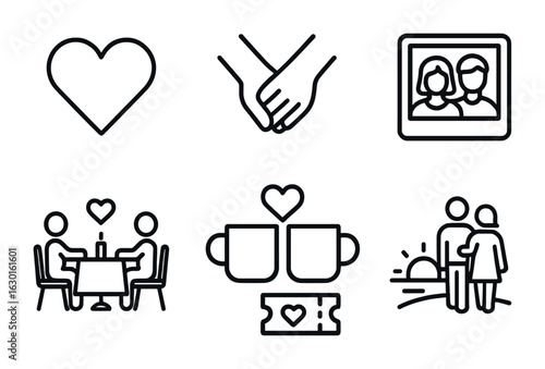 Couple Love Icons. Outline icon set of couple love: heart icon, holding hands, couple photo, dinner for two,