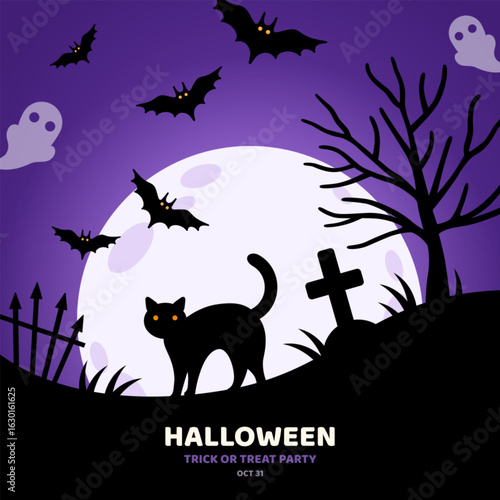 Happy Halloween kids party poster. Black witch cat silhouette, full moon night, cemetery background. Vector illustration. Place for text. Kids banner template, flyer concept, trick or treat