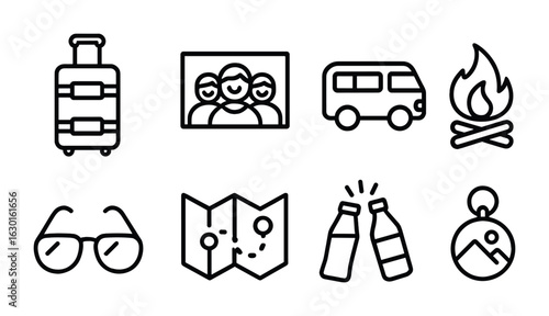Holiday Icons Set. Outline icon set of holiday with friends: suitcase icon, group photo, travel van, bonfire,
