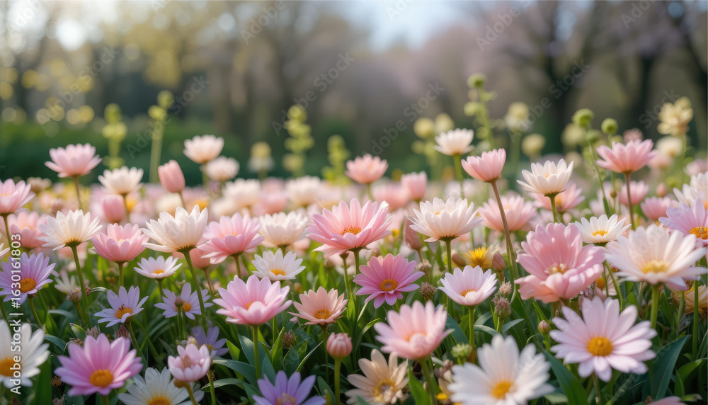 Fototapeta premium A vibrant field of blooming pink tulips creates a stunning display of nature's beauty in the spring garden