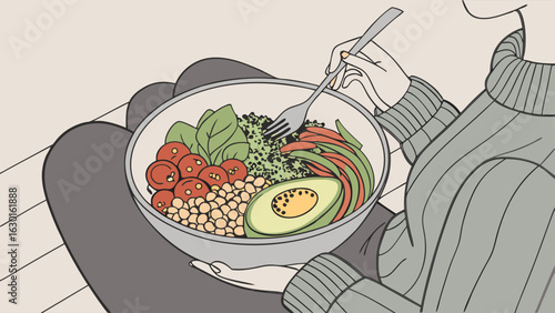 Woman Eating a Colorful Vegan Bowl with Fork on Her Lap.