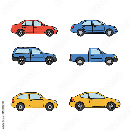 The image features a collection of five cartoon cars arranged in three rows set against a white background The top . flat vector 