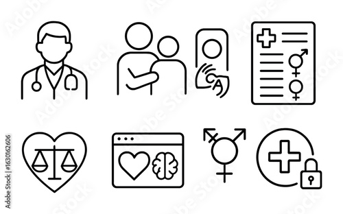 Inclusive Healthcare Icons. Outline icon set of inclusive healthcare: doctor icon, patient support,