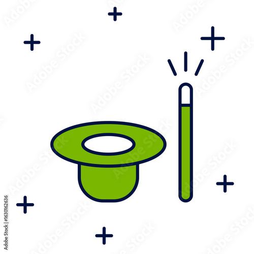 Filled outline Magic hat and wand icon isolated on white background. Magic trick. Mystery entertainment concept. Vector