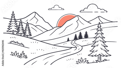 Mountain landscape drawing with trees and sunset scenic view for nature lovers and outdoor adventure seekers
