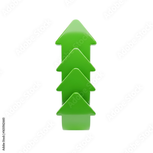 Stack of four bright green upward pointing arrows isolated on transparent background