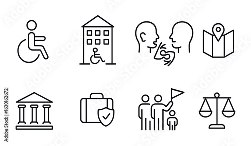 Inclusive Travel Icons Set. Outline icon set of inclusive travel: wheelchair icon, accessible hotel,