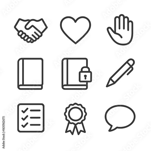Honesty Icon Set. Outline icon set of honesty symbols: handshake, heart, open hand, diary, diary lock, pen, checkmark list, ribbon
