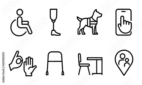 Disability Inclusion Icons. Outline icon set of disability inclusion: wheelchair symbol, prosthetic icon,