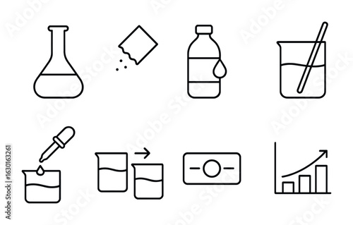 Laboratory Equipment Icons. Outline icon set of solution preparation: volumetric flask, solute packet,