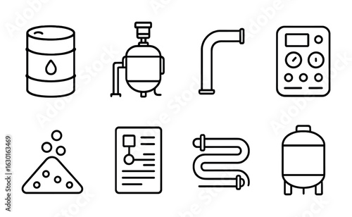 Industrial Chemistry Icons. Outline icon set of industrial chemistry: chemical drum, reactor icon, process