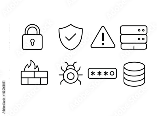 Data Security Icons. Outline icon set of data breach prevention: lock, shield, alert, server, firewall, virus,